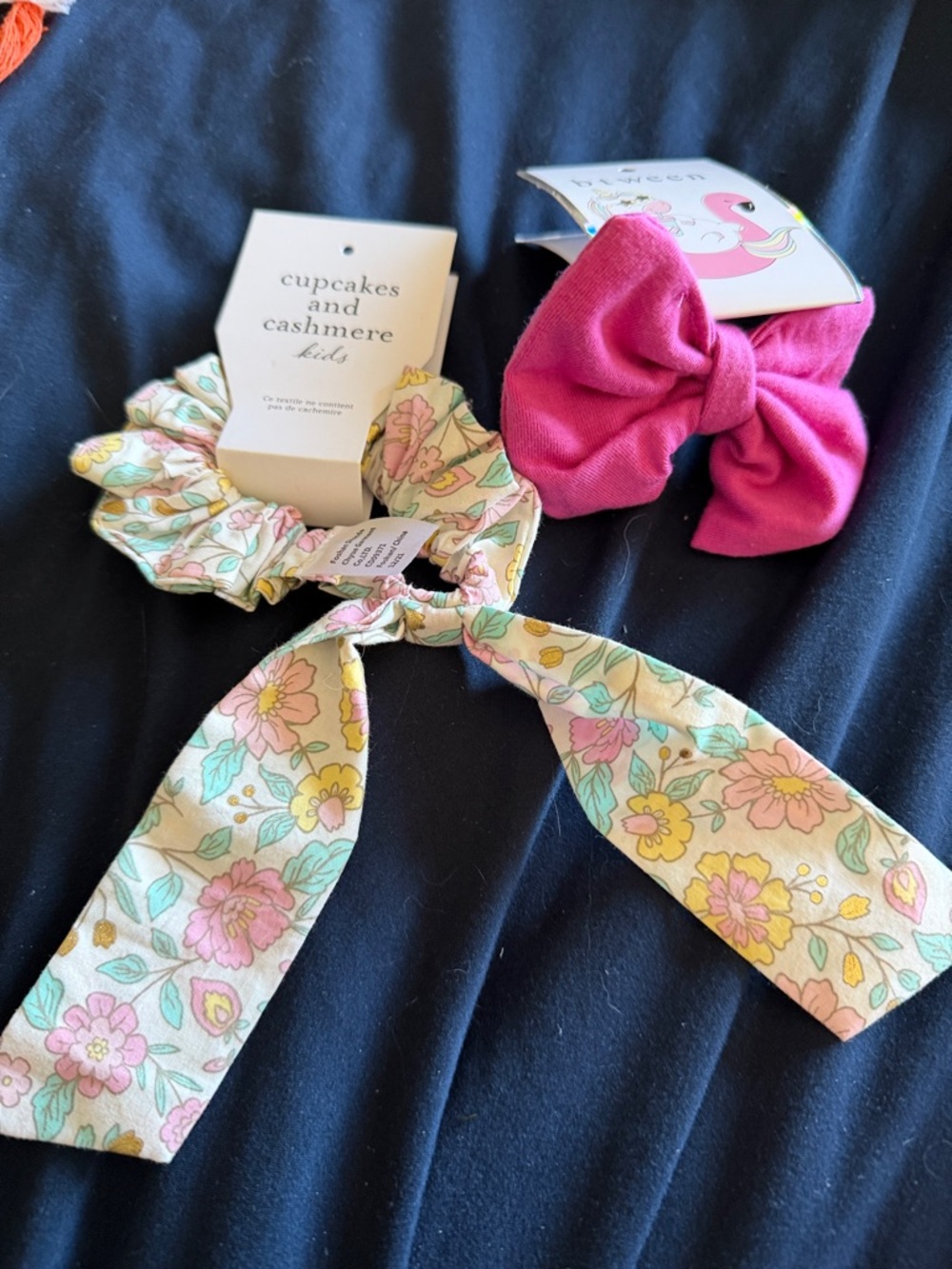 Kids Floral Headband - Pink, Turquoise and Yellow. Pink bow.
